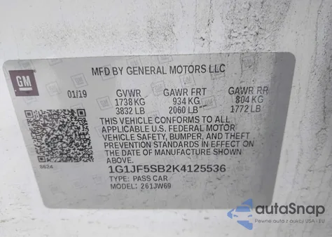 2019 Chevrolet Sonic Premier Auto z USA, uszkodzony, nr VIN 1G1JF5SB2K4125536